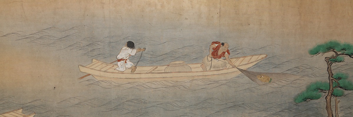 Rolo ilustrado histórico do Período Kambun, pescadores encontram estátua da deusa Kanon no Rio Sumida.