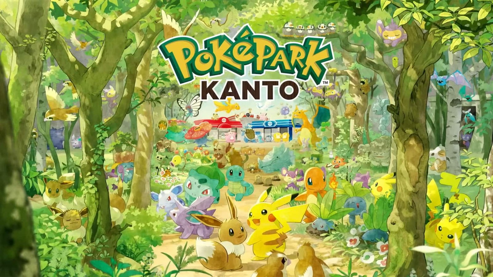 Imagem do Pokepark Kanto com desenho de diversos pokemons.
